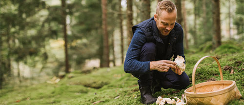 A smiling bearded man in a dark blue jacket crouches in a lush Pacific Northwest forest, carefully examining a pale mushroom he holds in his hands. Behind him stands a traditional woven basket, likely for collecting mushrooms. The forest floor is covered with bright green moss, and tall coniferous trees create a dappled, natural lighting in the background. The scene captures the hands-on, educational nature of mushroom foraging and identification in the Greater Victoria area's temperate rainforest environment.