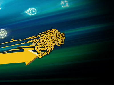 Dynamic arrows flowing and transforming into a sprinting cheetah with motion trails against a gradient background with floating project management icons, symbolizing the speed, adaptability, and forward momentum of Agile methodology.