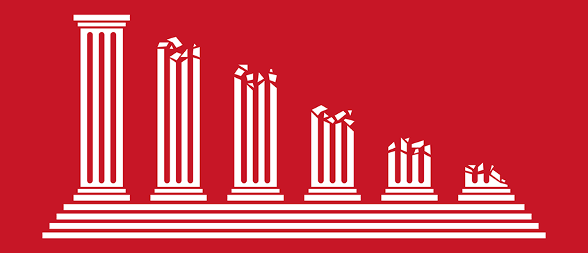 Silhouette illustration showing multiple figures sliding and falling backwards down a steep mountain slope while one figure at the bottom attempts to climb up, with a red flag at the summit and city skyline in the background, representing the struggle against democratic decline and backsliding.