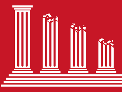 Silhouette illustration showing multiple figures sliding and falling backwards down a steep mountain slope while one figure at the bottom attempts to climb up, with a red flag at the summit and city skyline in the background, representing the struggle against democratic decline and backsliding.