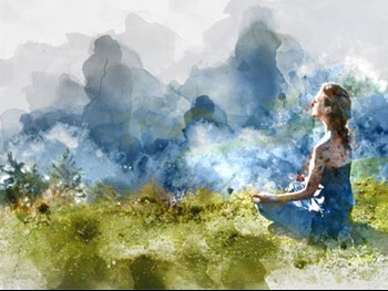 Painting of a woman meditating outdoors