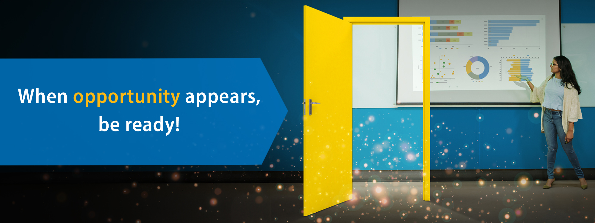 Open yellow door with woman looking at data charts in background. 