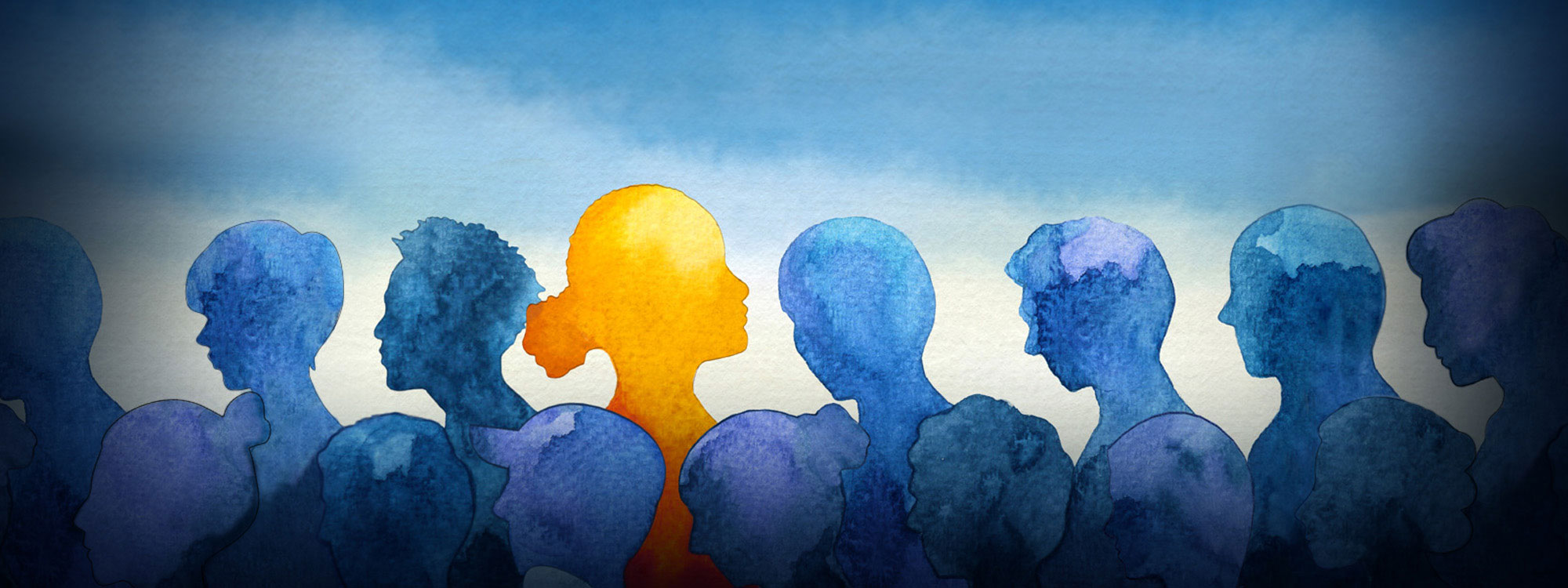 Watercolour silhouette of people's heads. 