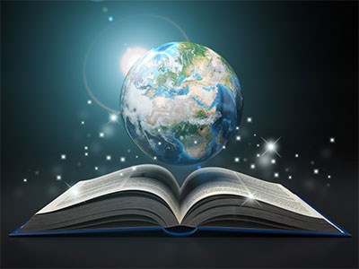 Illustration of a globe on top of a book.