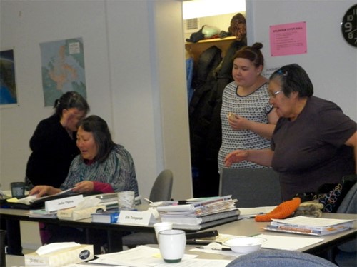 Students singing and dancing a traditional song in LING 187 Methods for Immersion Language Teaching and Learning in Cambridge Bay, Photo courtesy of Shauna Angulalik