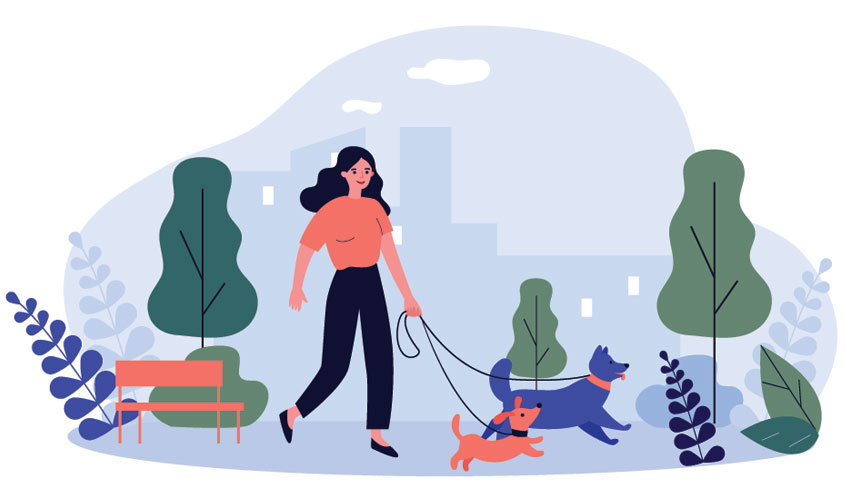 Illustration of woman outdoors walking her dog