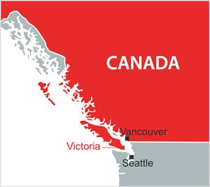 Map of Western Canada showing the city of Victoria