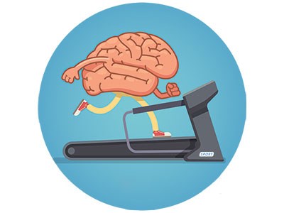 Illustration of a cartoon brain on a treadmill