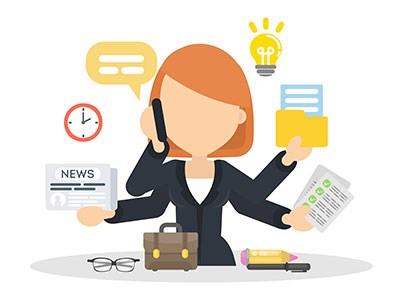 Illustration of a business women with 4 arms managing multiple responsibilities